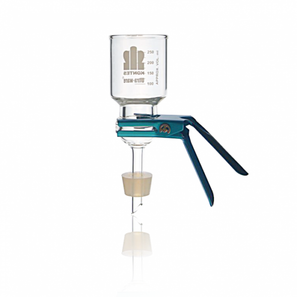 Equipo de filtración para membrana de 47 mm vaso de 300 ml, soporte placa de vidrio poroso, pinza de conexión y tapon de silicona perforado